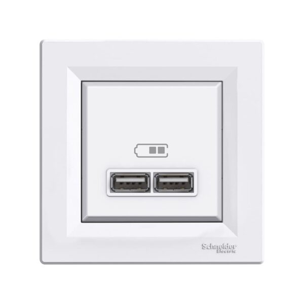 Розетка USB, 2 выхода 2.0, 5V-DC, макс 2.1A, Белая, Asfora EPH2700221