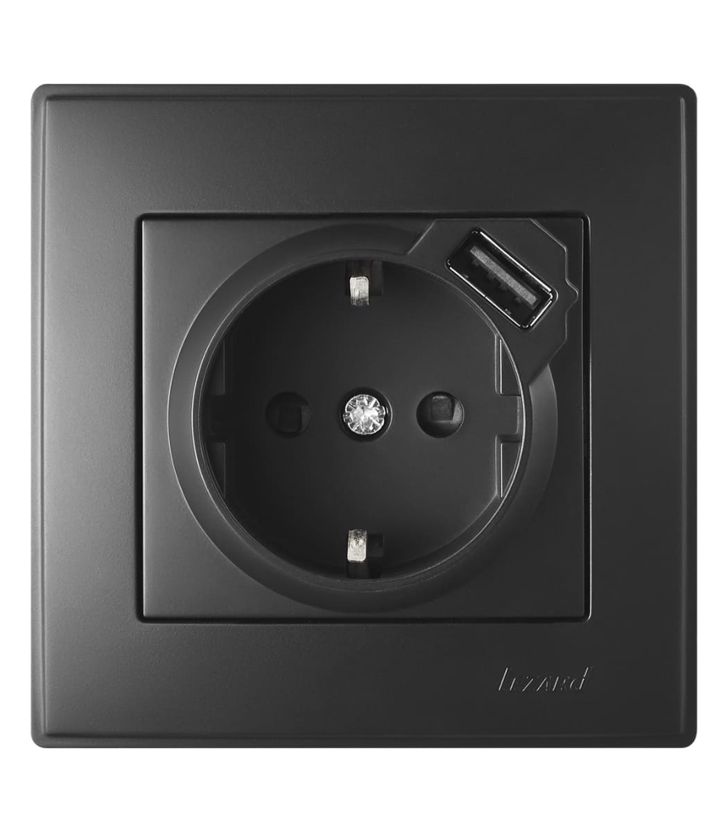rozetka-lezard-lesya-705-4242-181 Розетка одинарная с заземлением+USB LEZARD LESYA Антрацит 705-4242-181 - Зображення 1