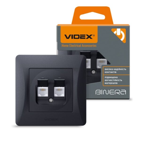 Розетка CAT3+CAT3 двойная телефонная черный графит VIDEX BINERA (VF-BNSK2TF3-BG)