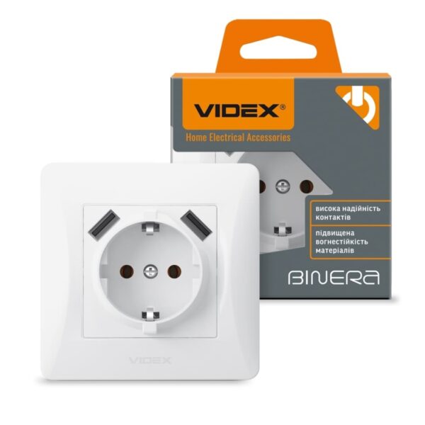 Розетка одинарная с заземлением и 2USB белая VIDEX BINERA (VF-BNSK1GU2-W)