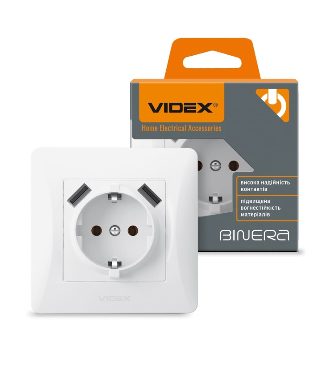 rozetka-odinarna-iz-zazemlennyam-ta-2usb-bila-videx-binera Розетка одинарная с заземлением и 2USB белая VIDEX BINERA (VF-BNSK1GU2-W) — изображение 1