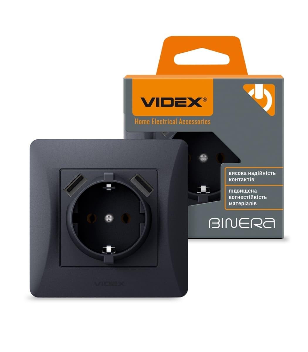 rozetka-odinarna-iz-zazemlennyam-ta-2usb-chorniy-grafit-videx-binera Розетка одинарная с заземлением и 2USB черный графит VIDEX BINERA (VF-BNSK1GU2-BG) — изображение 1