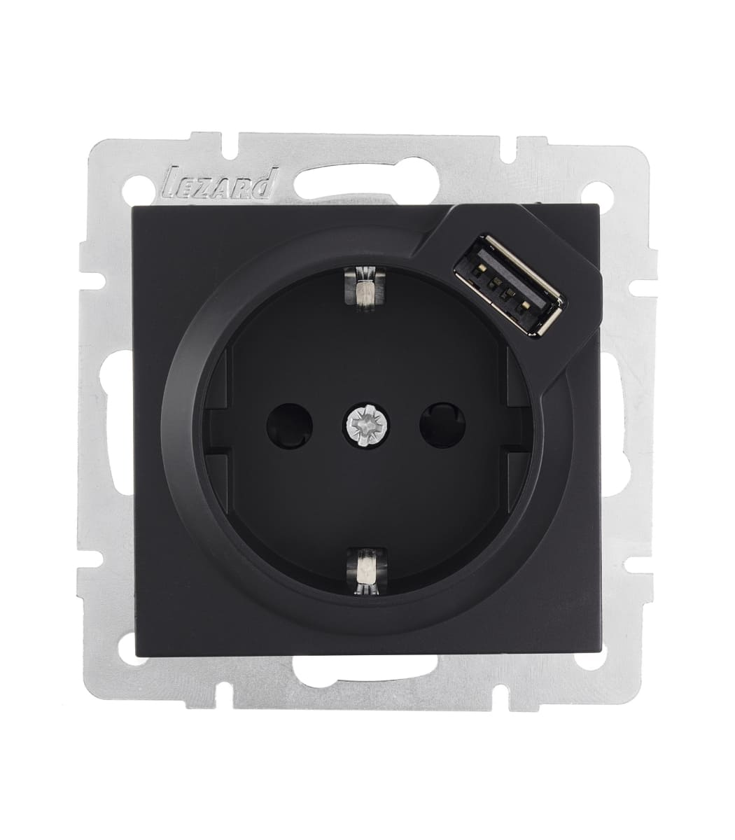 rozetka-odinarnaya-s-zazemleniem-usb-lezard-vesna-antracit-742-4288-181 Розетка одинарная с заземлением + USB LEZARD VESNA Антрацит (742-4288-181) — изображение 1