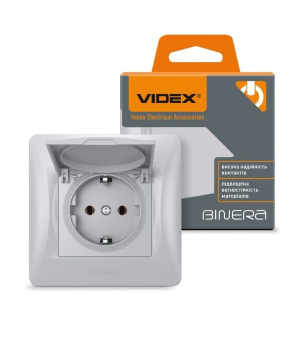 Розетка одинарная с заземлением и крышкой Серебряный шёлк VIDEX BINERA (VF-BNSK1GС-SS)
