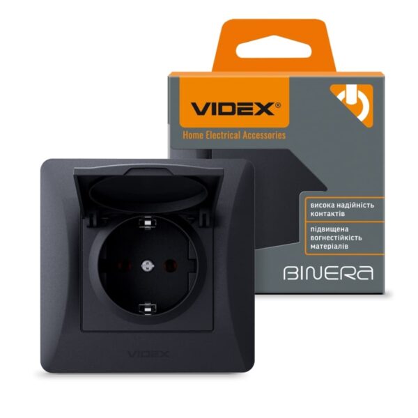 Розетка одинарна з заземленням і кришкою чорний графіт VIDEX BINERA (VF-BNSK1GС-BG)