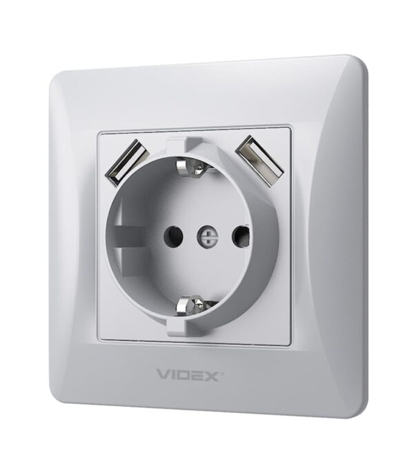 Розетка одинарная с заземлением + 2 USB Серебряный шёлк VIDEX BINERA (VF-BNSK1GU2-SS) — изображение 3