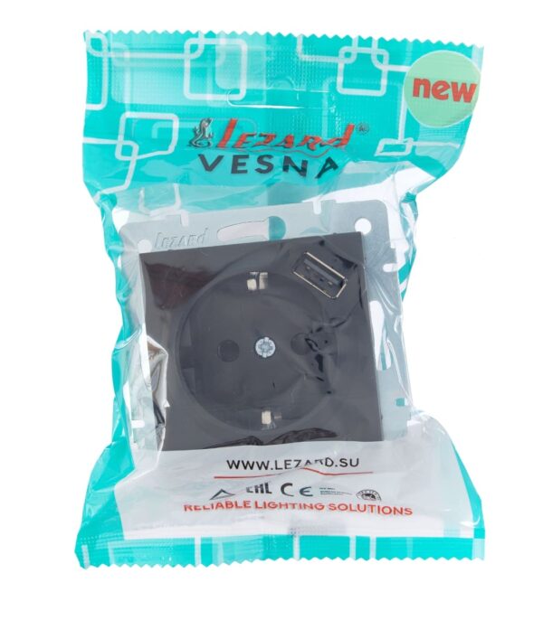 Розетка одинарная с заземлением + USB LEZARD VESNA Антрацит (742-4288-181) — изображение 6