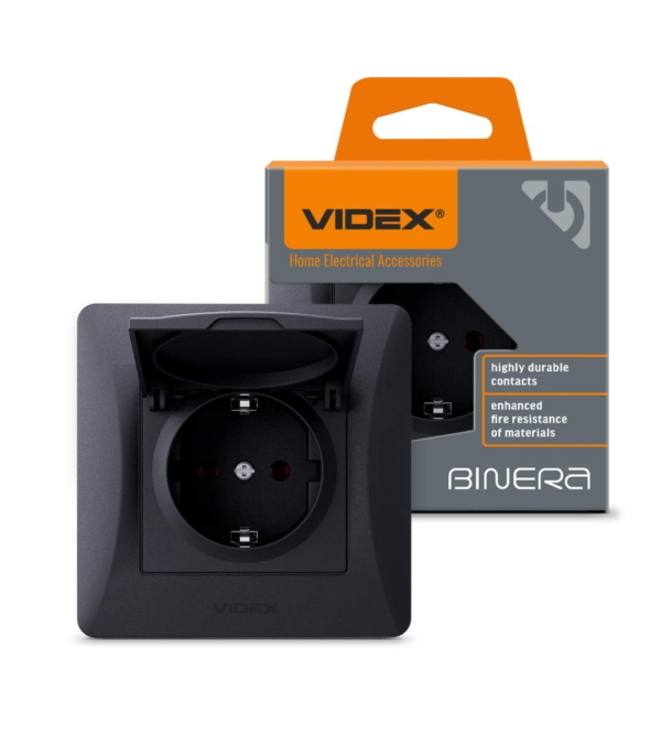 Розетка одинарная с заземлением и крышкой черный графит VIDEX BINERA (VF-BNSK1GС-BG) - Зображення 2